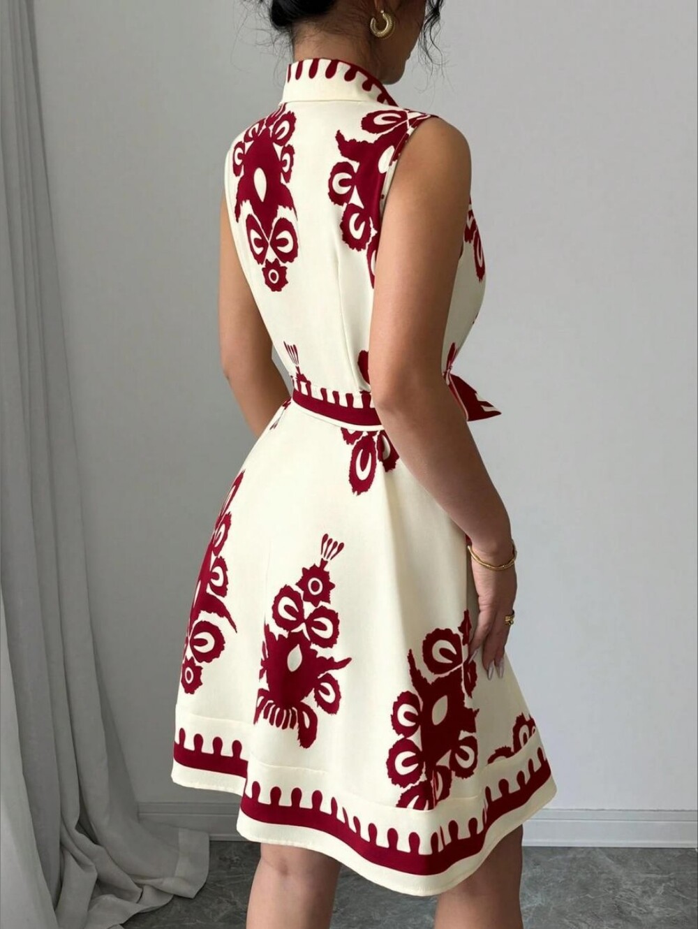 Sleeveless Cream Dress with Red Floral Print and Tie Waist - Full & Plus Sizes - Picture 2 of 6